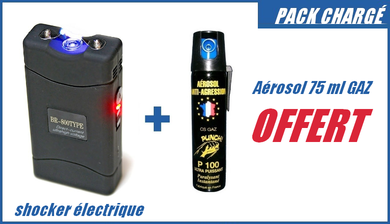 Pack taser électrique avec lampe LED et aérosol lacrymogène CS GAZ 75 ml